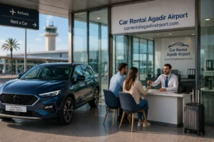 Agadir airport car rental office with modern SUV, customer service agent, and travelers booking vehicle at carrentalagadirairport.com