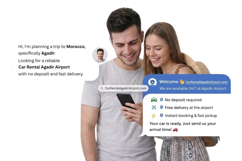 A smiling young couple looking at a smartphone, featuring an customer's request for "Car Rental Agadir Airport with no deposit" and the automatic response from CarRentalAgadirAirport.com listing features like "No deposit required" and "Free delivery at the airport."