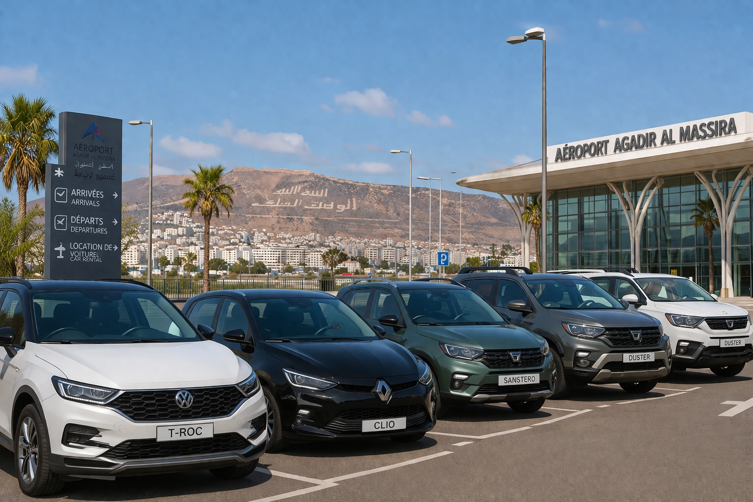 Car rental fleet at Agadir Airport including Dacia Sandero, Dacia Duster, Renault Clio 5 and volgswagen t roc