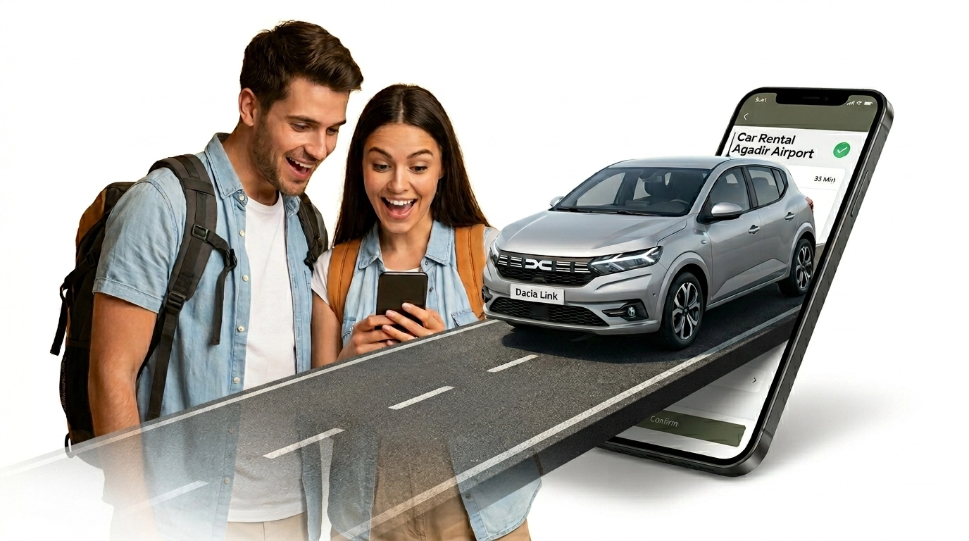 Young couple smiling at smartphone showing confirmed car rental of a silver Dacia Sandero with "Dacia Link" logo, emerging from the phone screen on an augmented reality road.